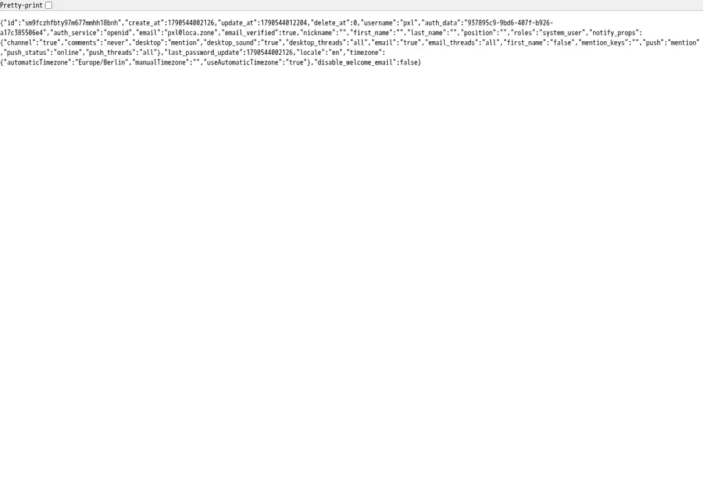 Native Mattermost current-user response showing pxl, openid authentication, and system_user